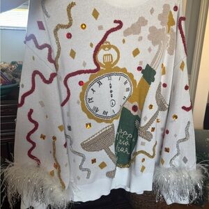 QUEEN OF SPARKLES White New Year’s Eve Sweater with festive Accents NWOT